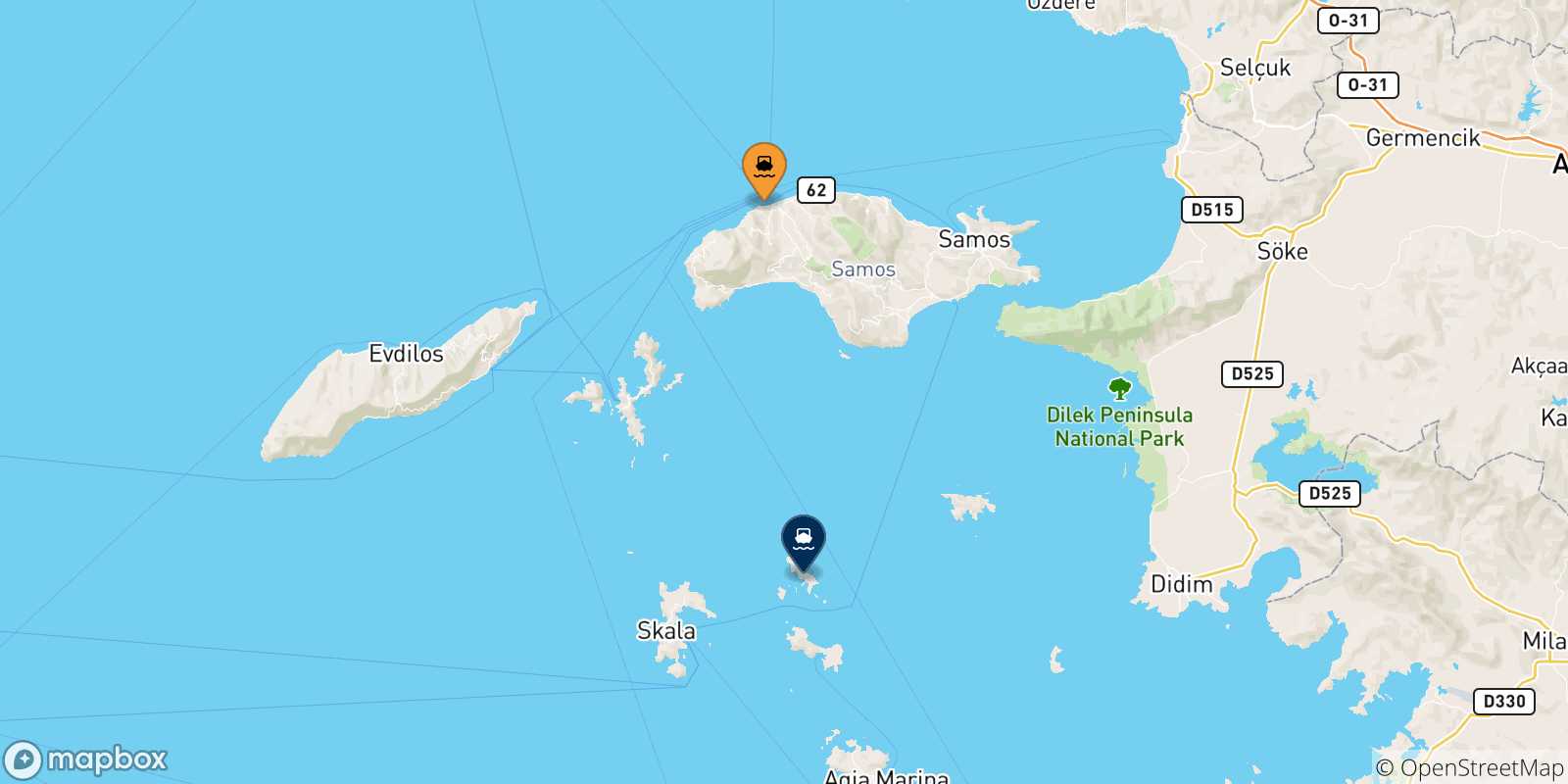 Carte des traversées possibles entre les Îles Égéennes et Arkyi