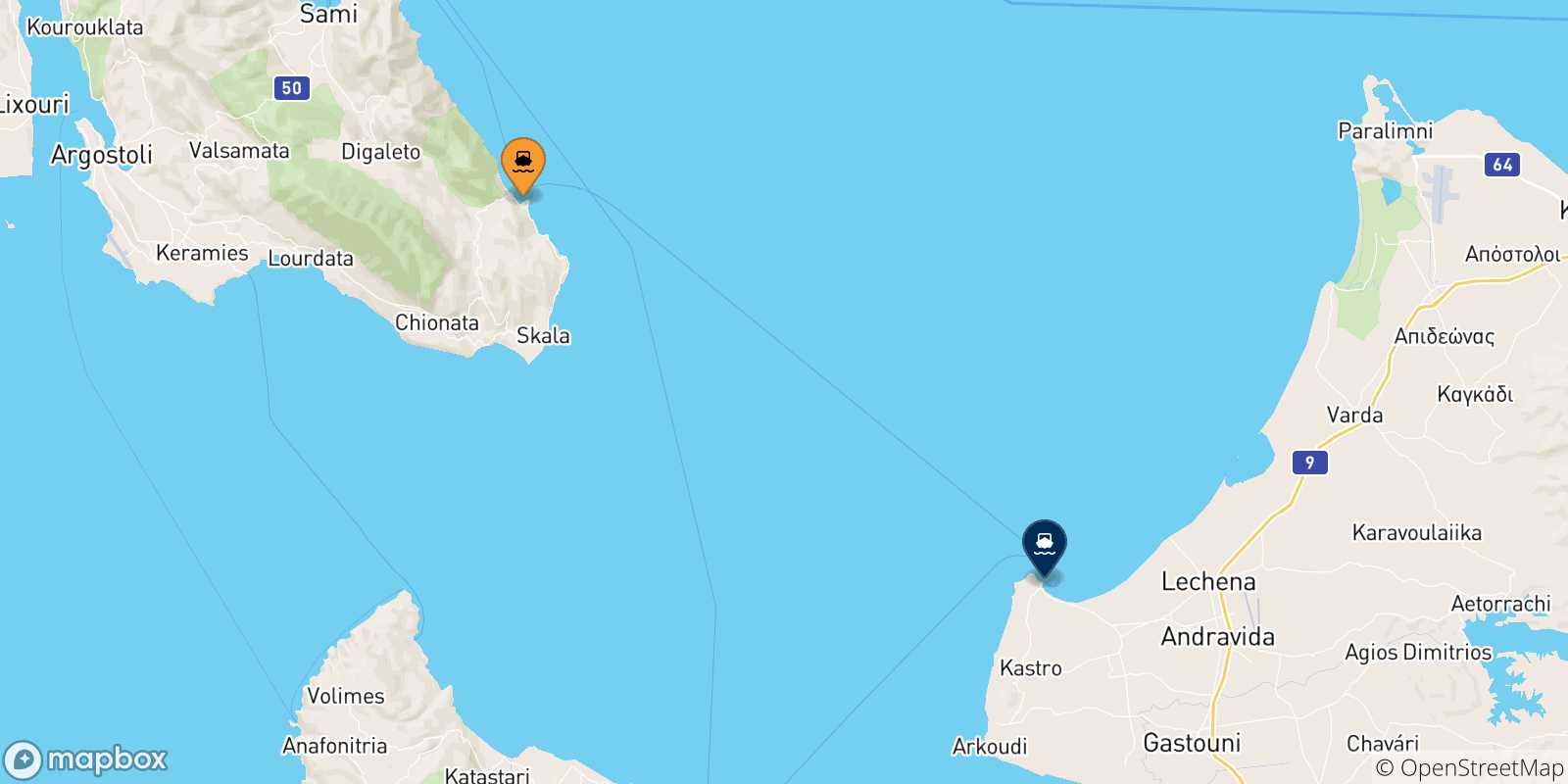 Carte des traversées possibles entre Poros (Céphalonie) et la Grèce