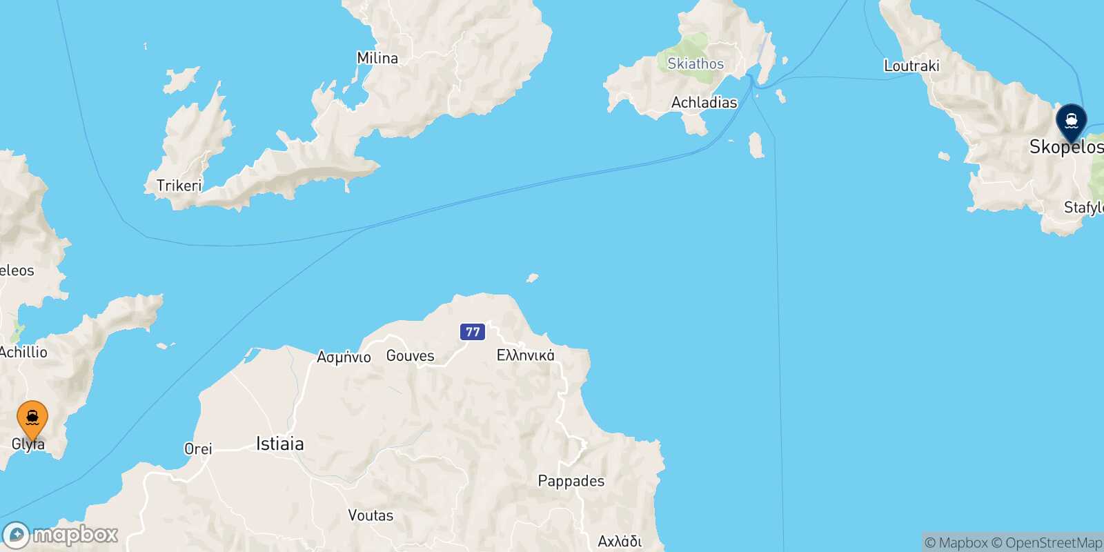 Carte des traverséesGlyfa Glossa (Skopelos)