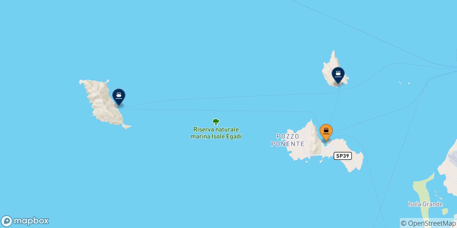 Carte des traversées possibles entre Favignana et les Îles Égades