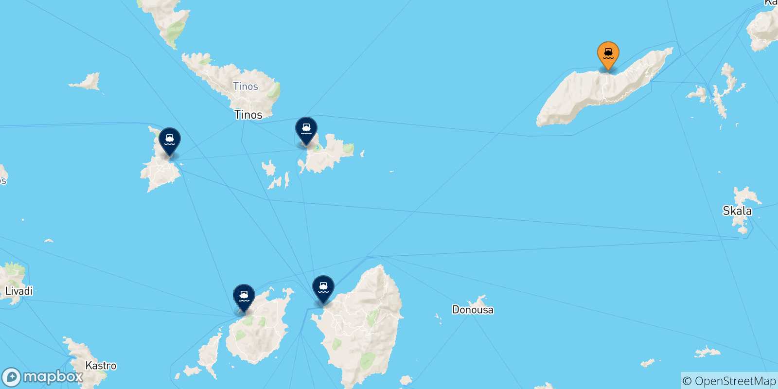Carte des traversées possibles entre Agios Kirikos (Ikaria) et Îles Des Cyclades