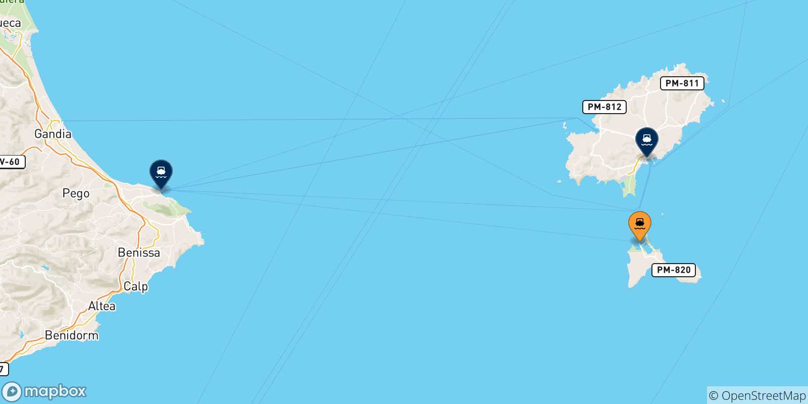 Carte des traversées possibles entre Formentera et l'Espagne