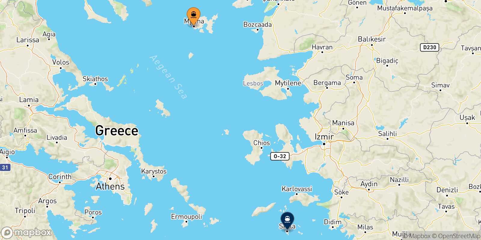 Carte des traverséesMyrina (Limnos) Patmos