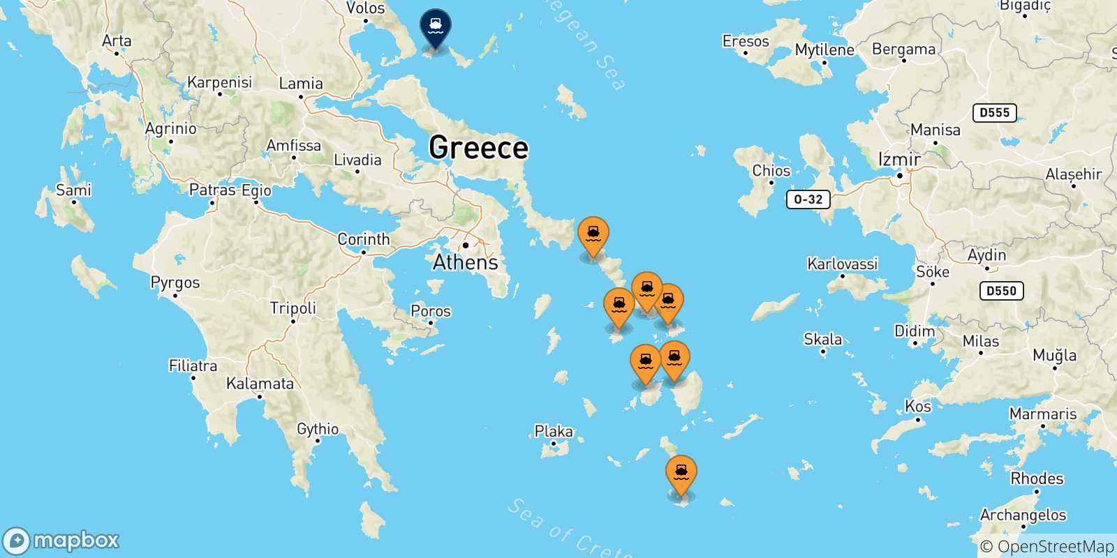 Carte des traversées possibles entre Îles Des Cyclades et Skiathos