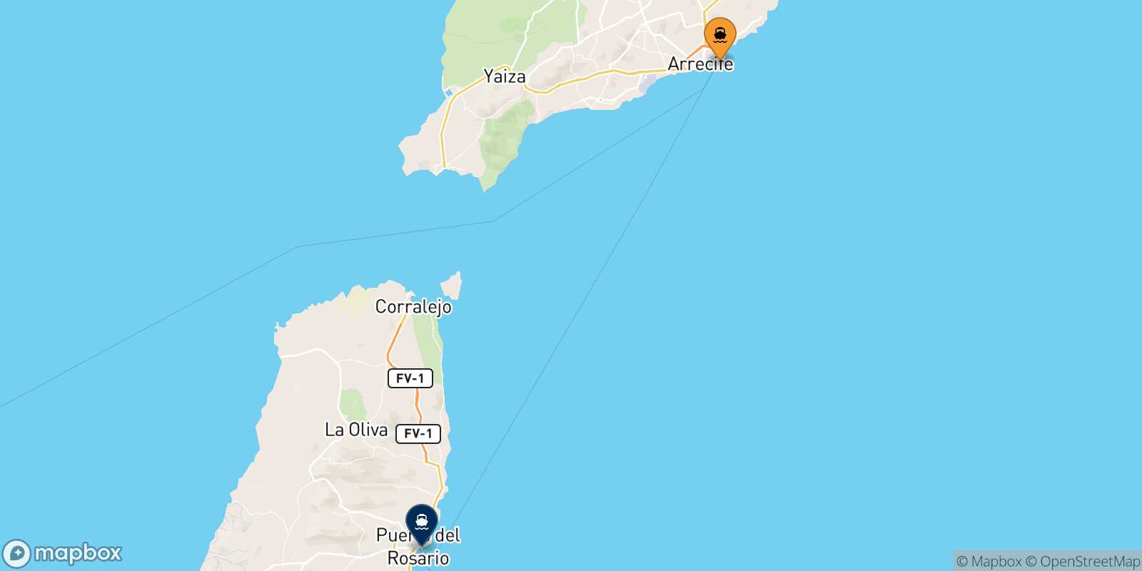 Carte des traverséesArrecife (Lanzarote) Puerto Del Rosario (Fuerteventura)