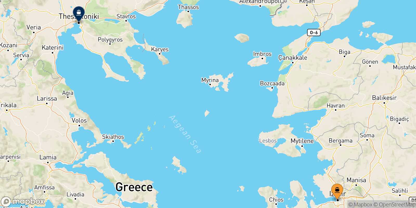 Carte des destinations de Izmir