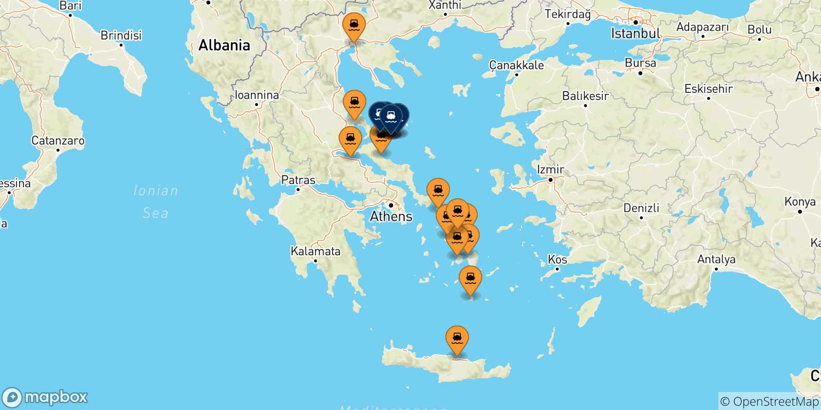 Carte des traversées possibles entre la Grèce et les Îles Sporades