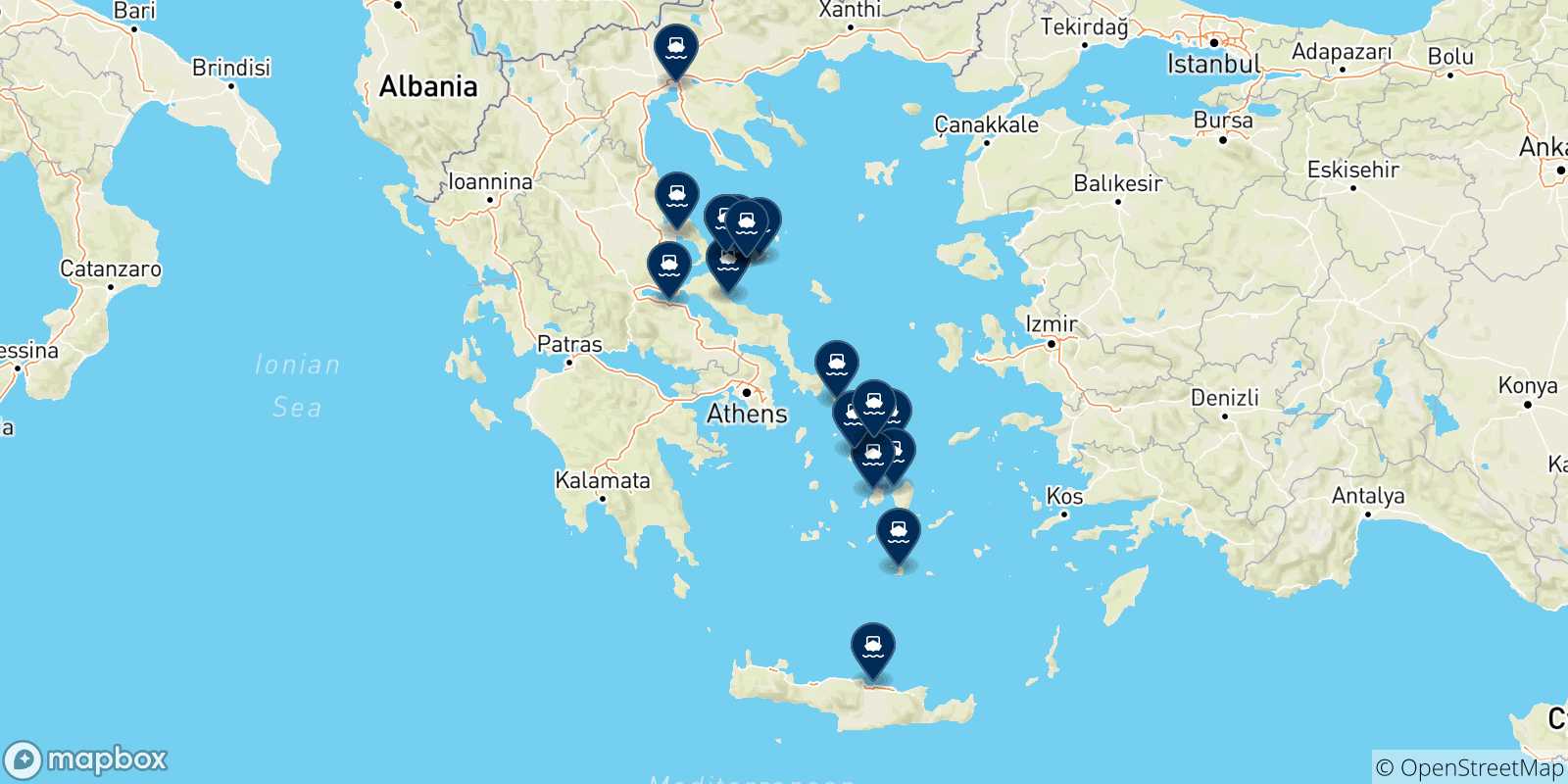 Carte des traversées possibles entre Skiathos et la Grèce