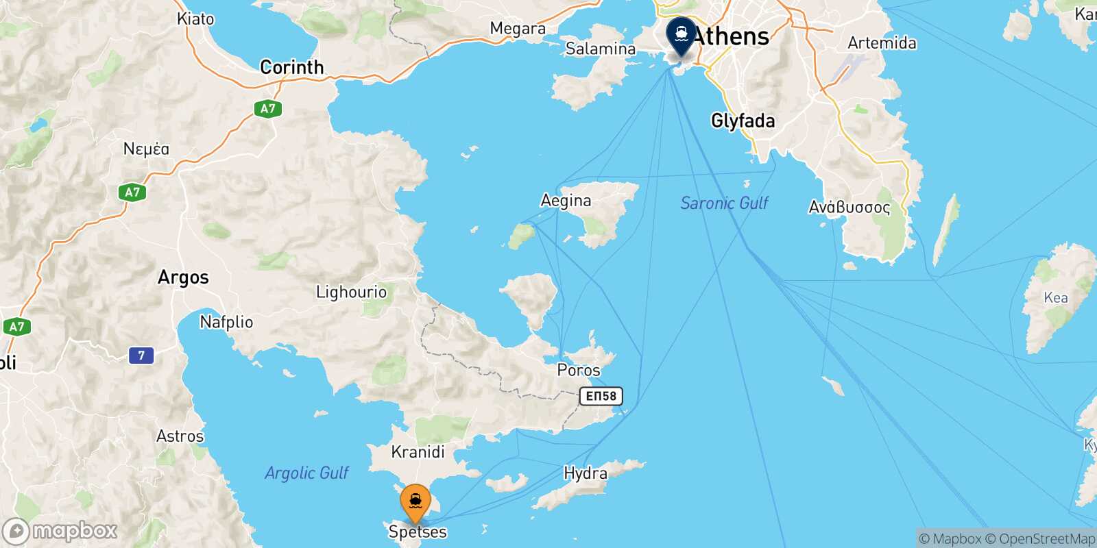 Carte des traverséesSpetses Le Piree