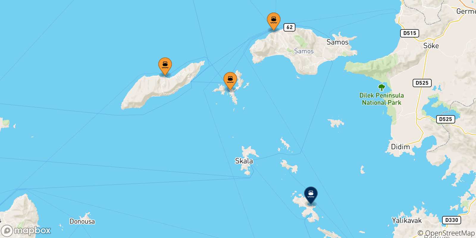 Carte des traversées possibles entre les Îles Égéennes et Leros