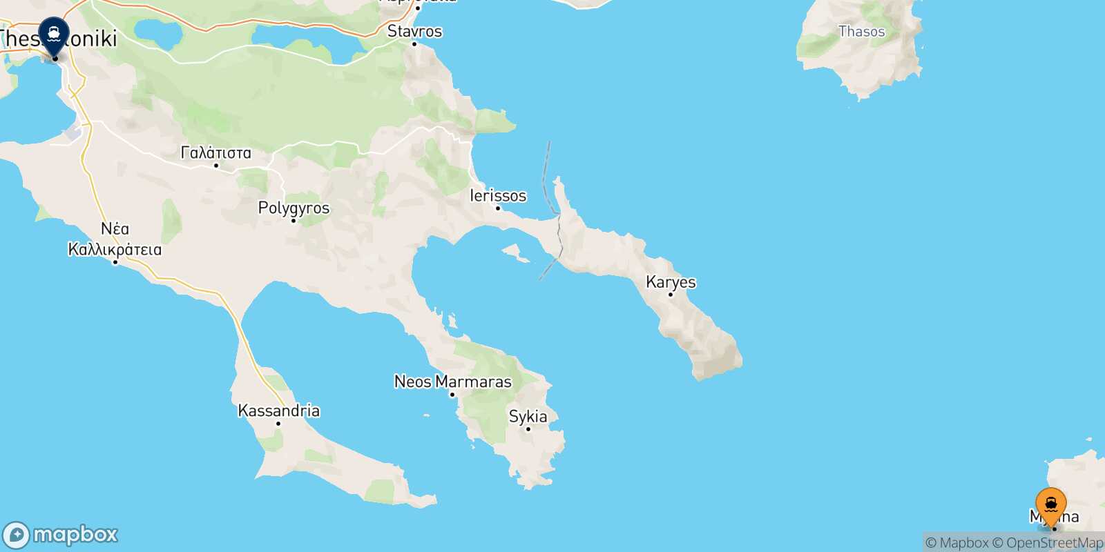 Carte des traverséesMyrina (Limnos) Thessalonique