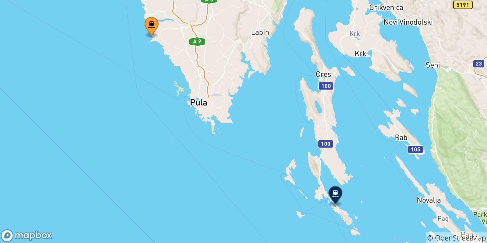 Carte des traversées possibles entre la Croatie et Mali Losinj