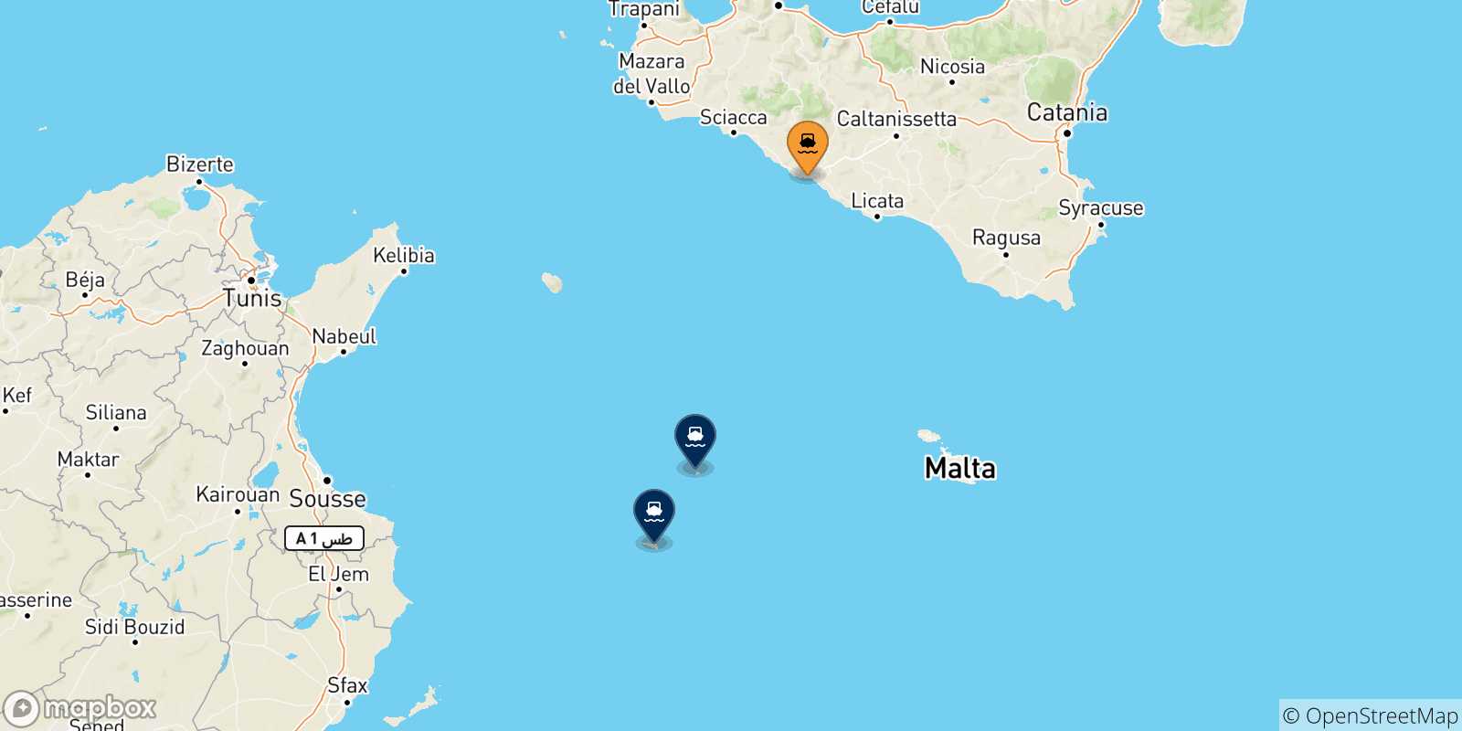 Carte des traversées possibles entre la Sicile et Îles Pélages