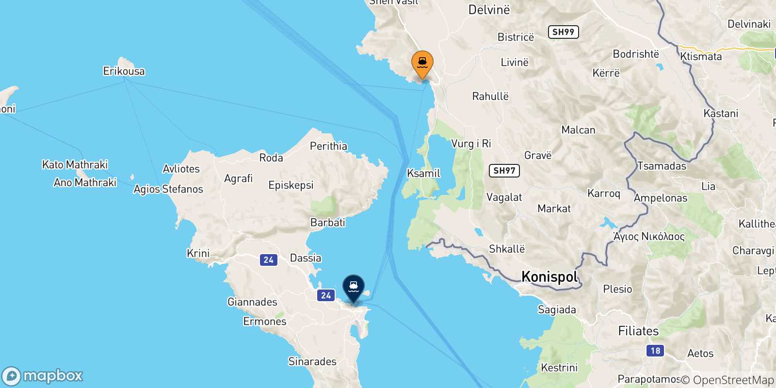 Carte des traversées possibles entre Saranda et la Grèce