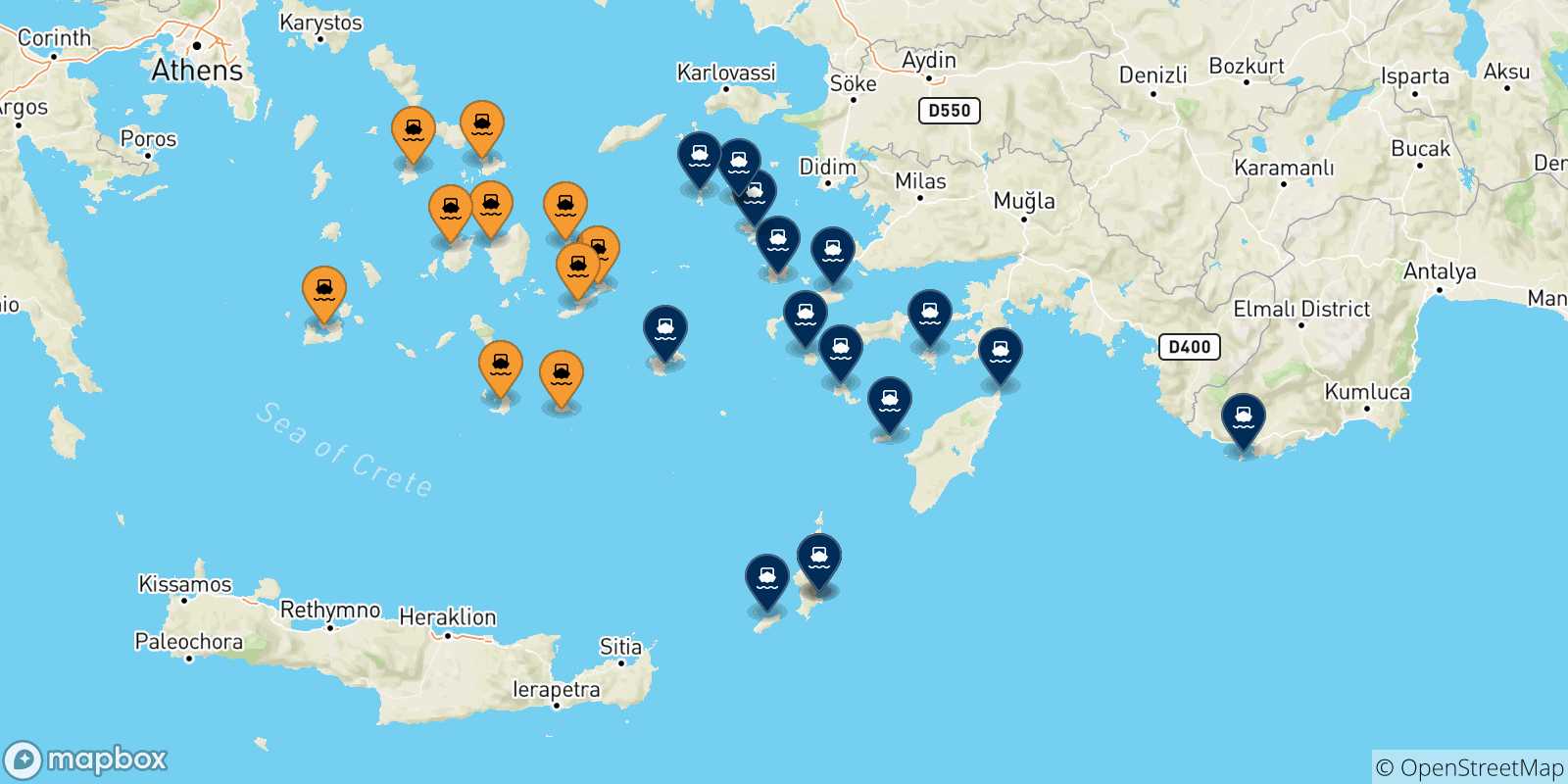 Carte des traversées possibles entre Îles Des Cyclades et Îles Du Dodécanèse