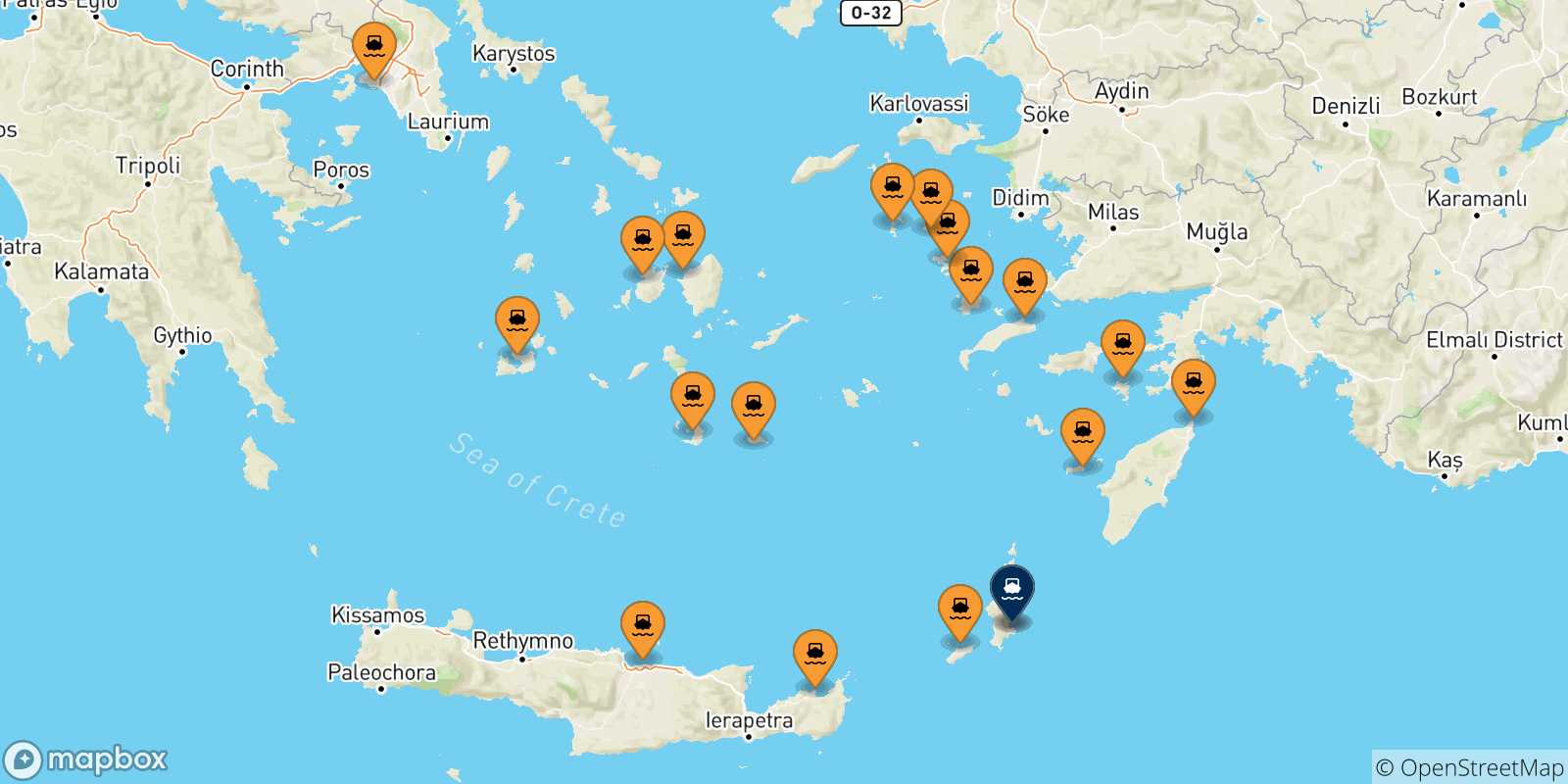 Carte des traversées possibles entre la Grèce et Karpathos