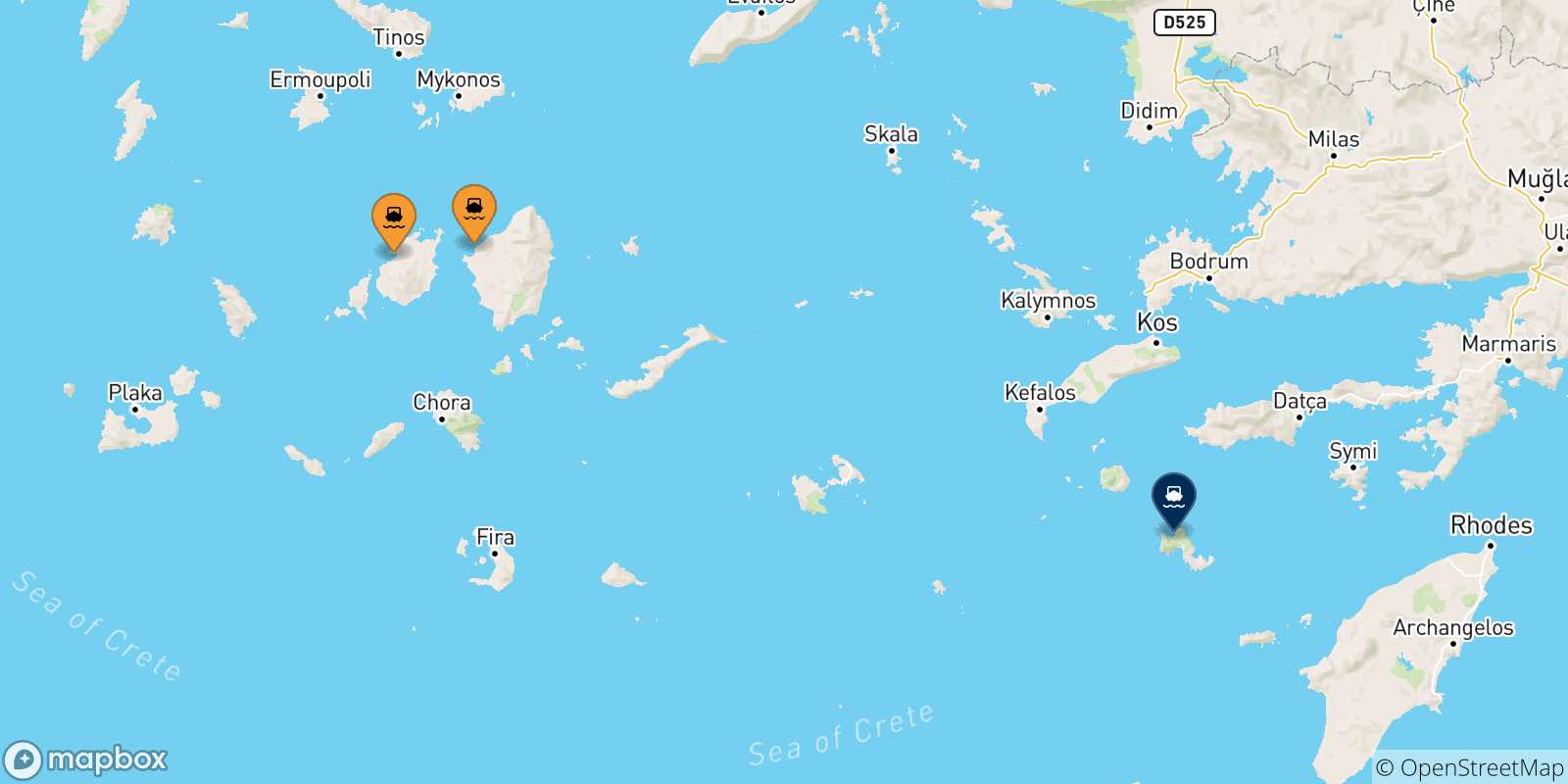 Carte des traversées possibles entre Îles Des Cyclades et Tilos