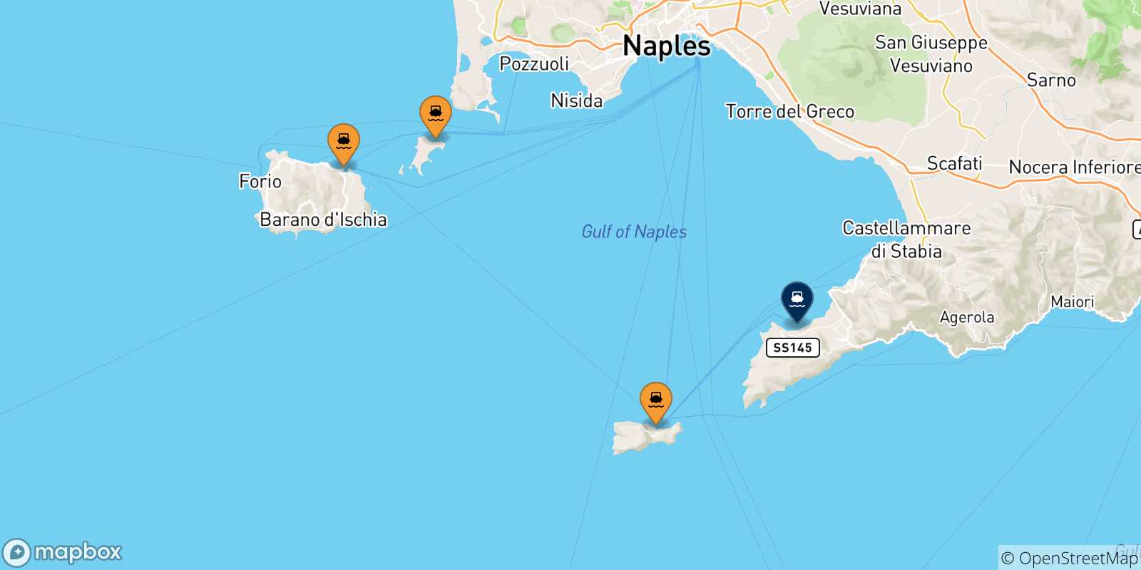 Carte des traversées possibles entre le Golf De Naples et Sorrente