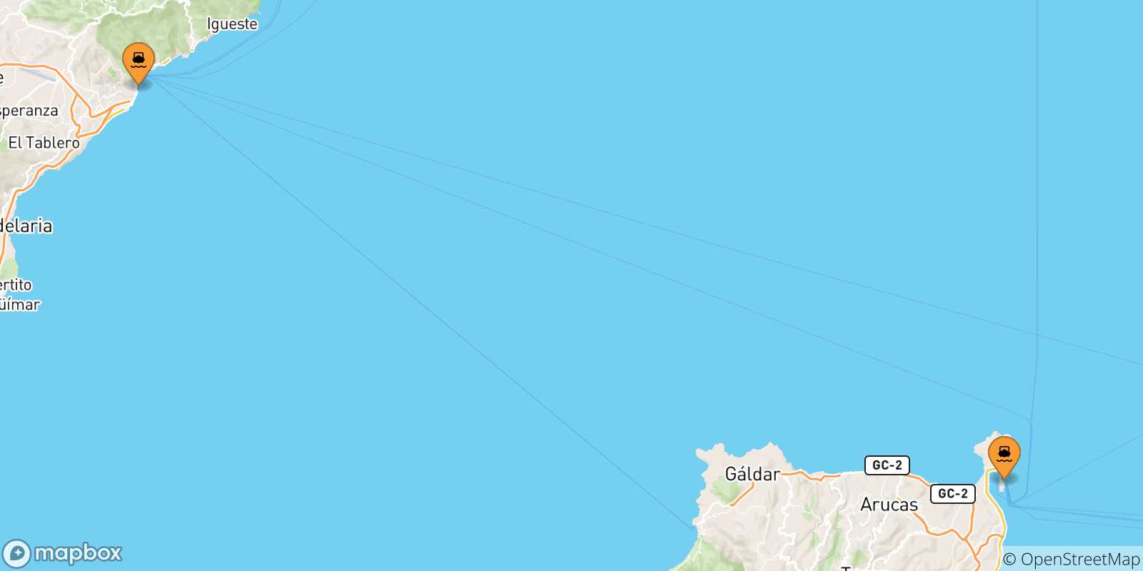 Carte des traversées possibles entre les Îles Canaries et Arrecife (Lanzarote)