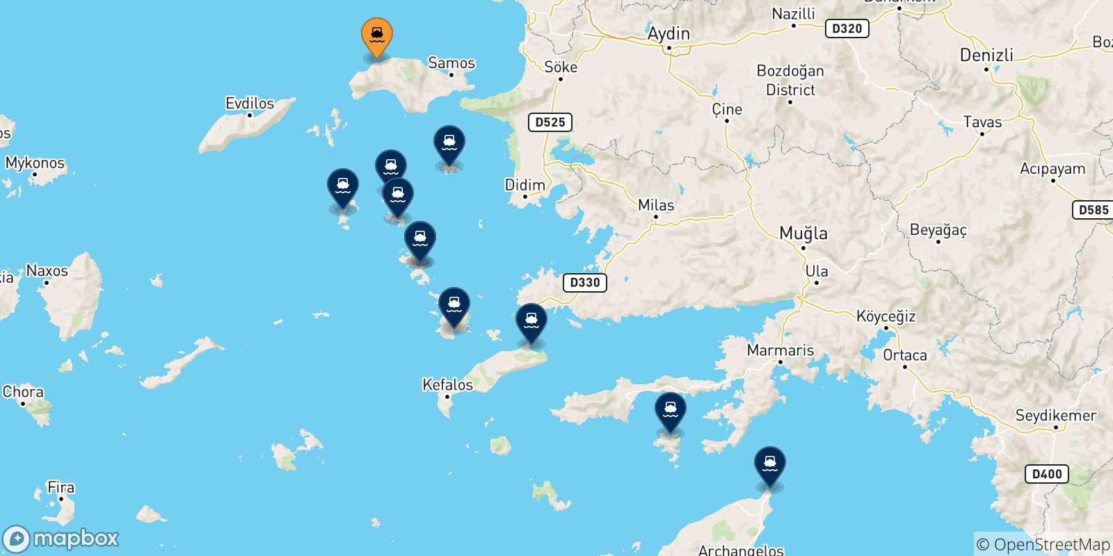 Carte des traversées possibles entre Pythagorio (Samos) et Îles Du Dodécanèse