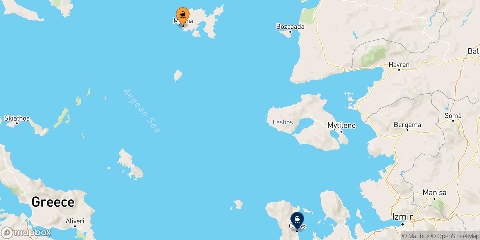 Carte des traverséesMyrina (Limnos) Mesta Chios