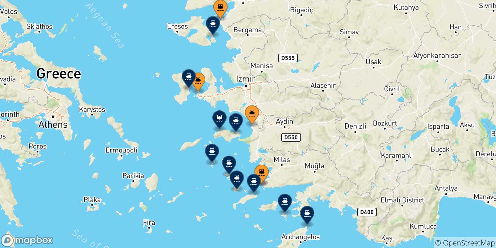 Carte des traversées possibles entre la Turquie et la Grèce