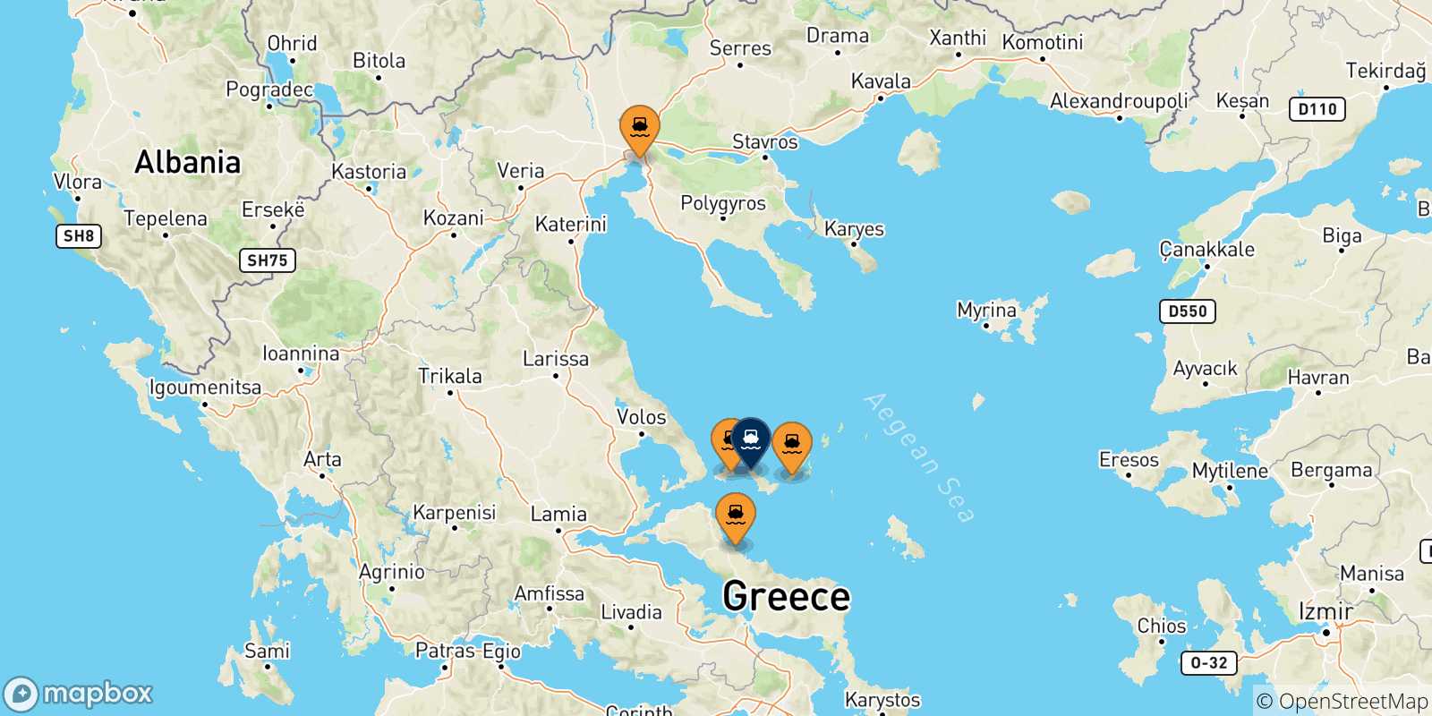 Carte des traversées possibles entre la Grèce et Agnontas (Skopelos)
