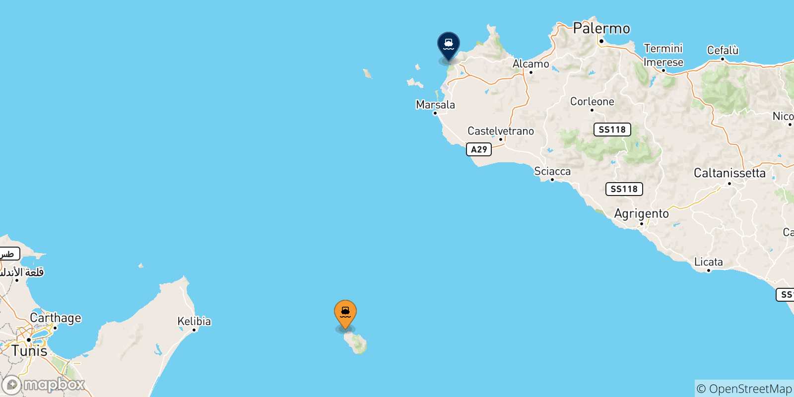 Carte des traversées possibles entre l'Île De Pantelleria et l'Italie