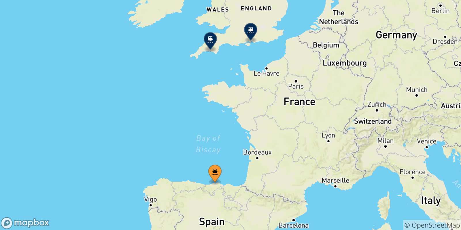 Carte des traversées possibles entre Santander et le Royaume-uni
