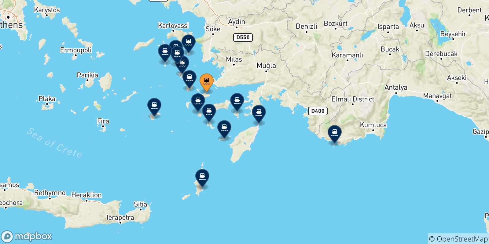 Carte des traversées possibles entre Kos et Îles Du Dodécanèse