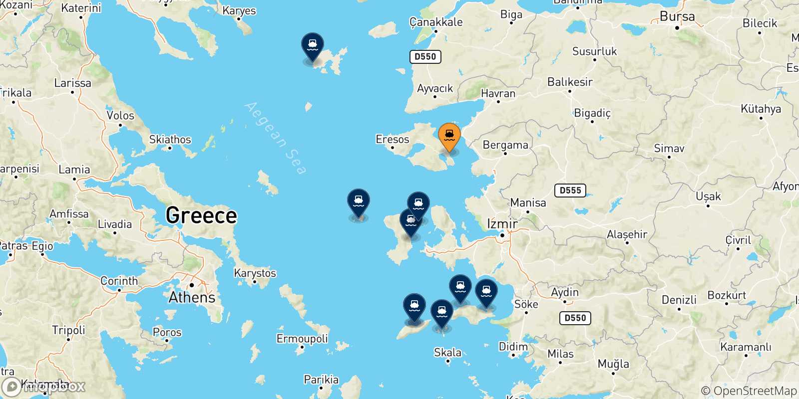 Carte des traversées possibles entre Mytilene (Lesvos) et les Îles Égéennes