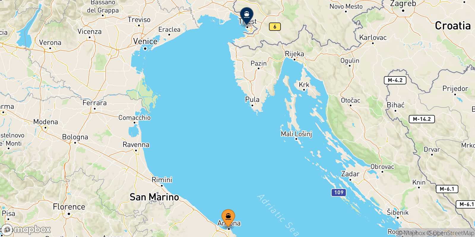 Carte des traverséesAncône Trieste