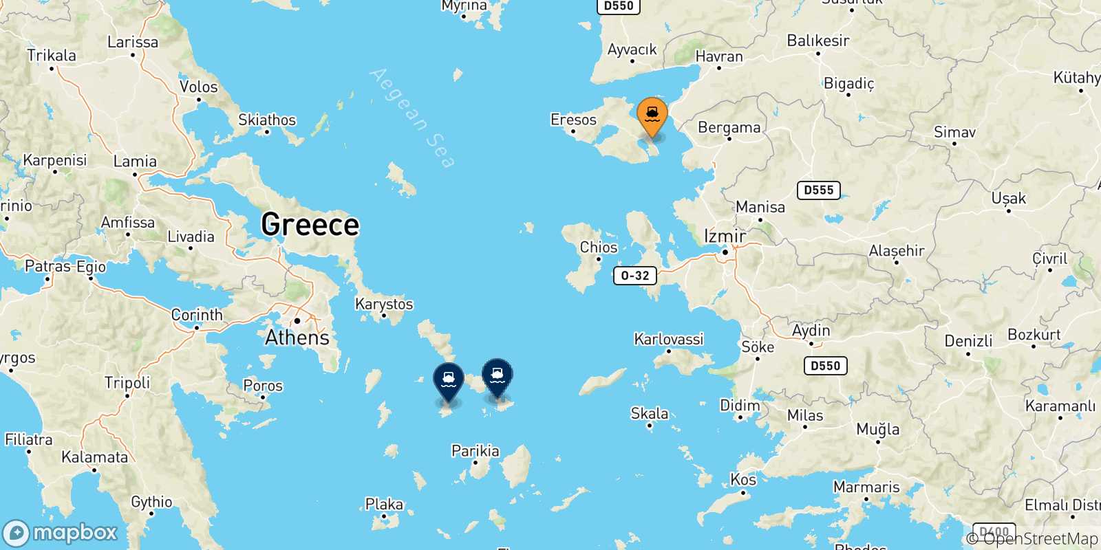 Carte des traversées possibles entre Mytilene (Lesvos) et Îles Des Cyclades