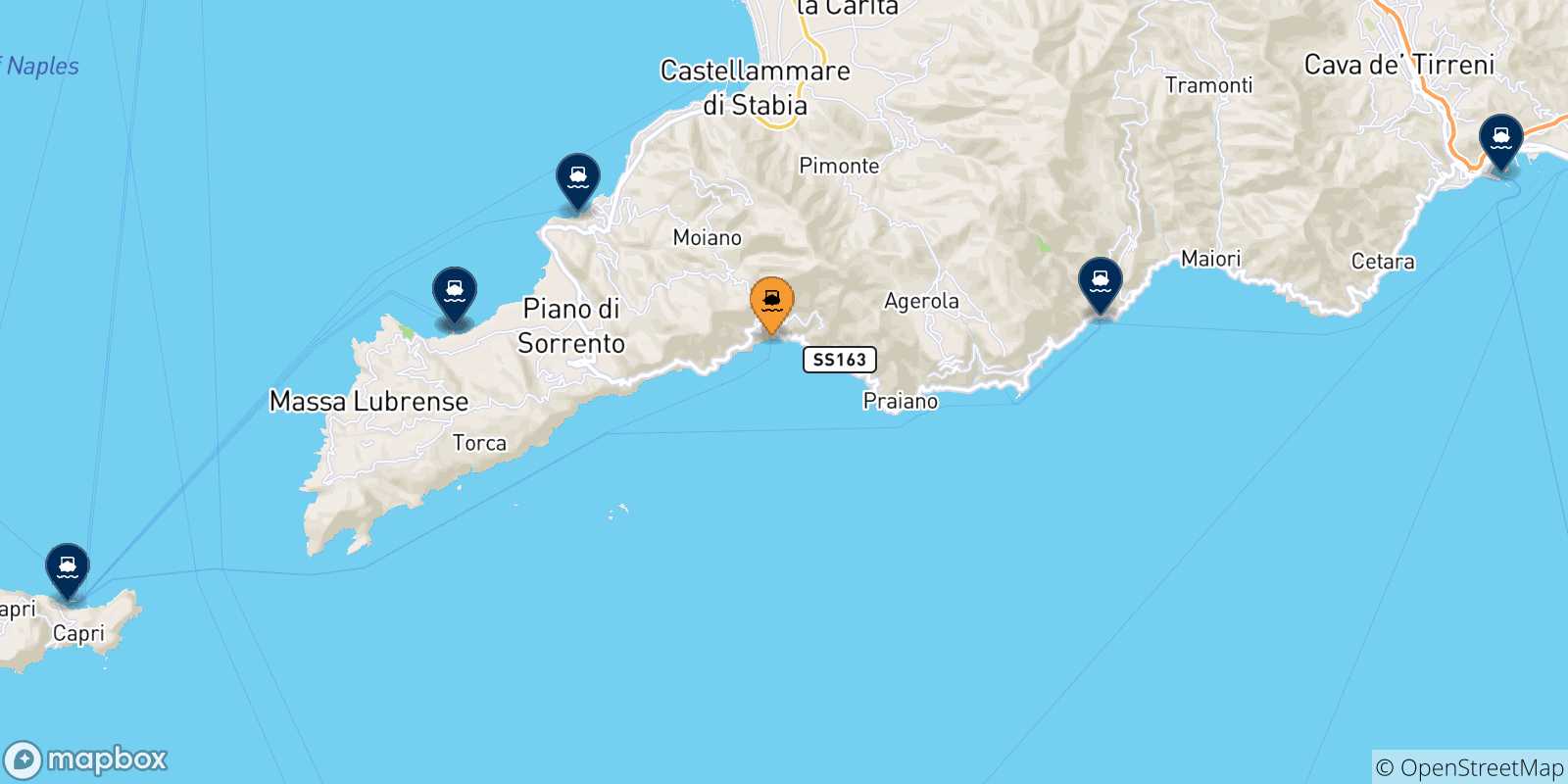 Carte des traversées possibles entre Positano et l'Italie