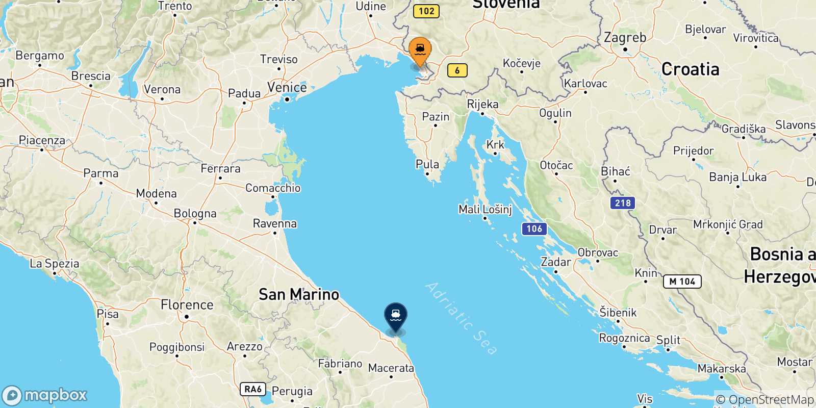 Carte des traversées possibles entre Trieste et l'Italie