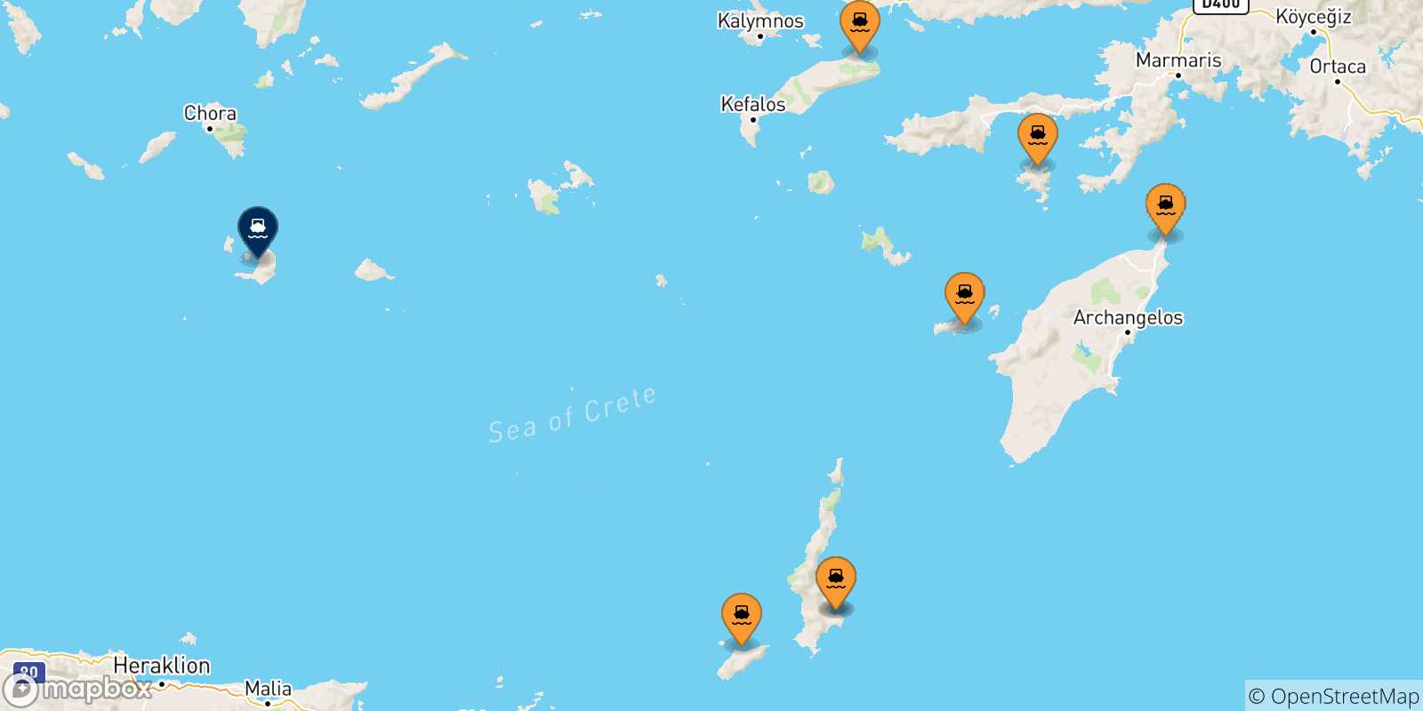 Carte des traversées possibles entre Îles Du Dodécanèse et Thera (Santorin)