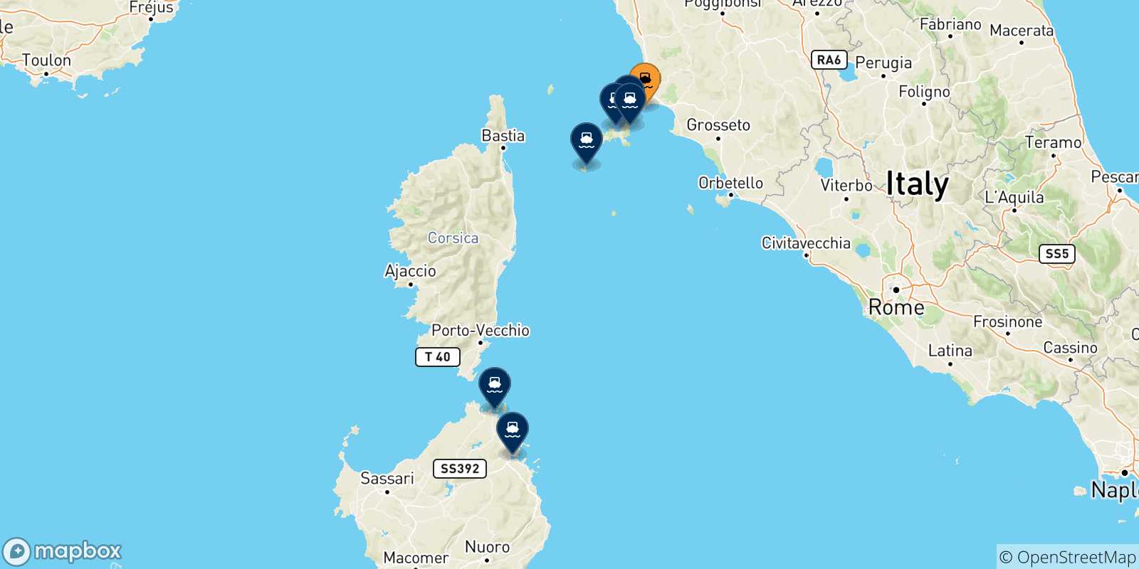 Carte des traversées possibles entre Piombino et l'Italie