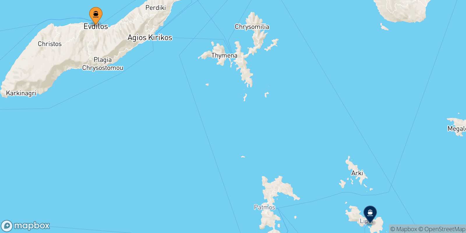 Carte des traverséesEvdilos (Ikaria) Lipsi