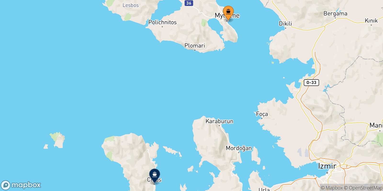 Carte des traverséesMytilene (Lesvos) Chios