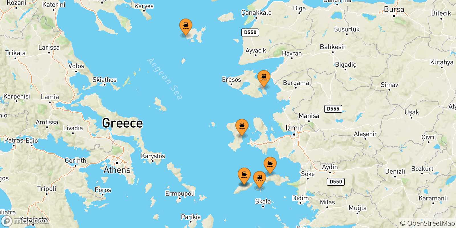 Carte des traversées possibles entre les Îles Égéennes et Vathi (Samos)
