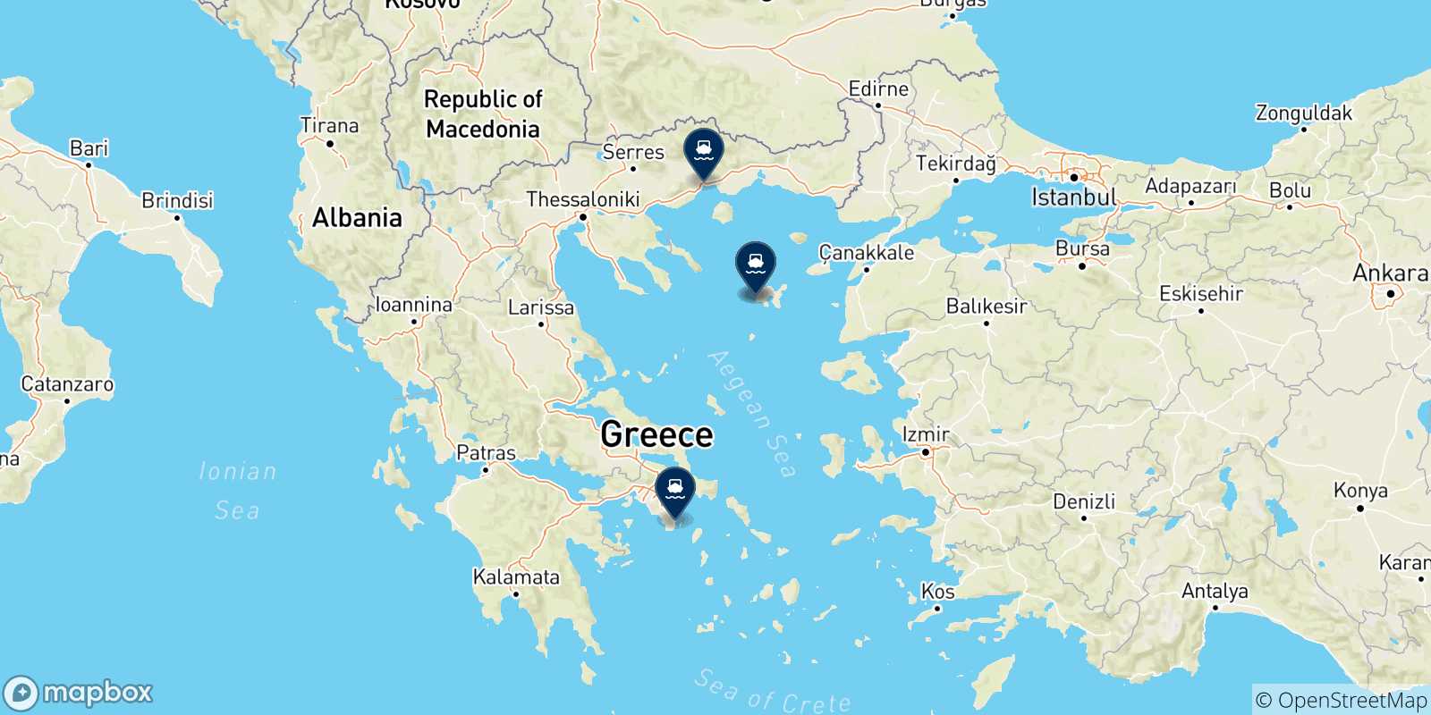 Carte des traversées possibles entre Agios Efstratios et la Grèce