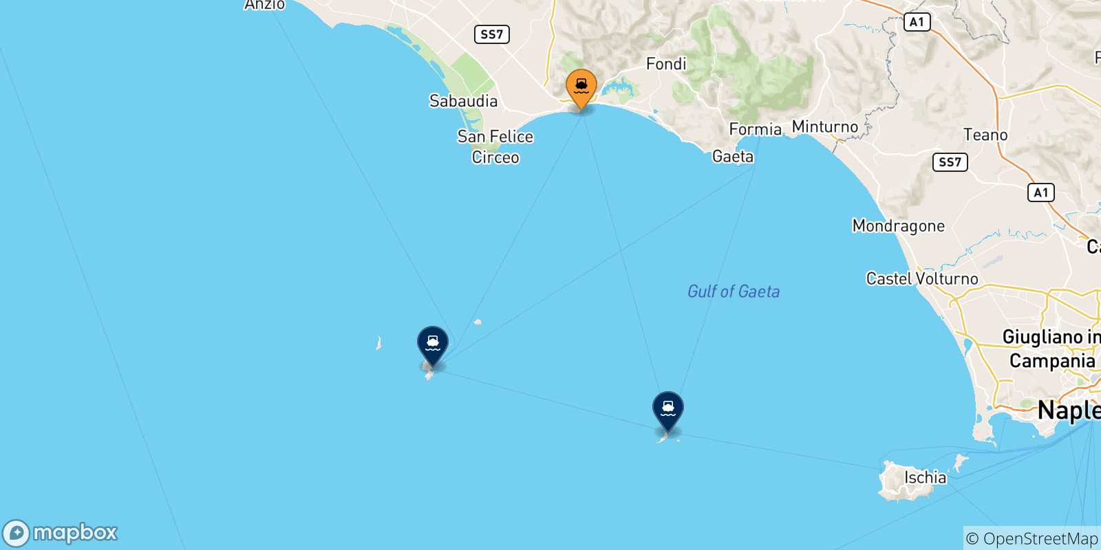 Carte des traversées possibles entre Terracina et l'Italie