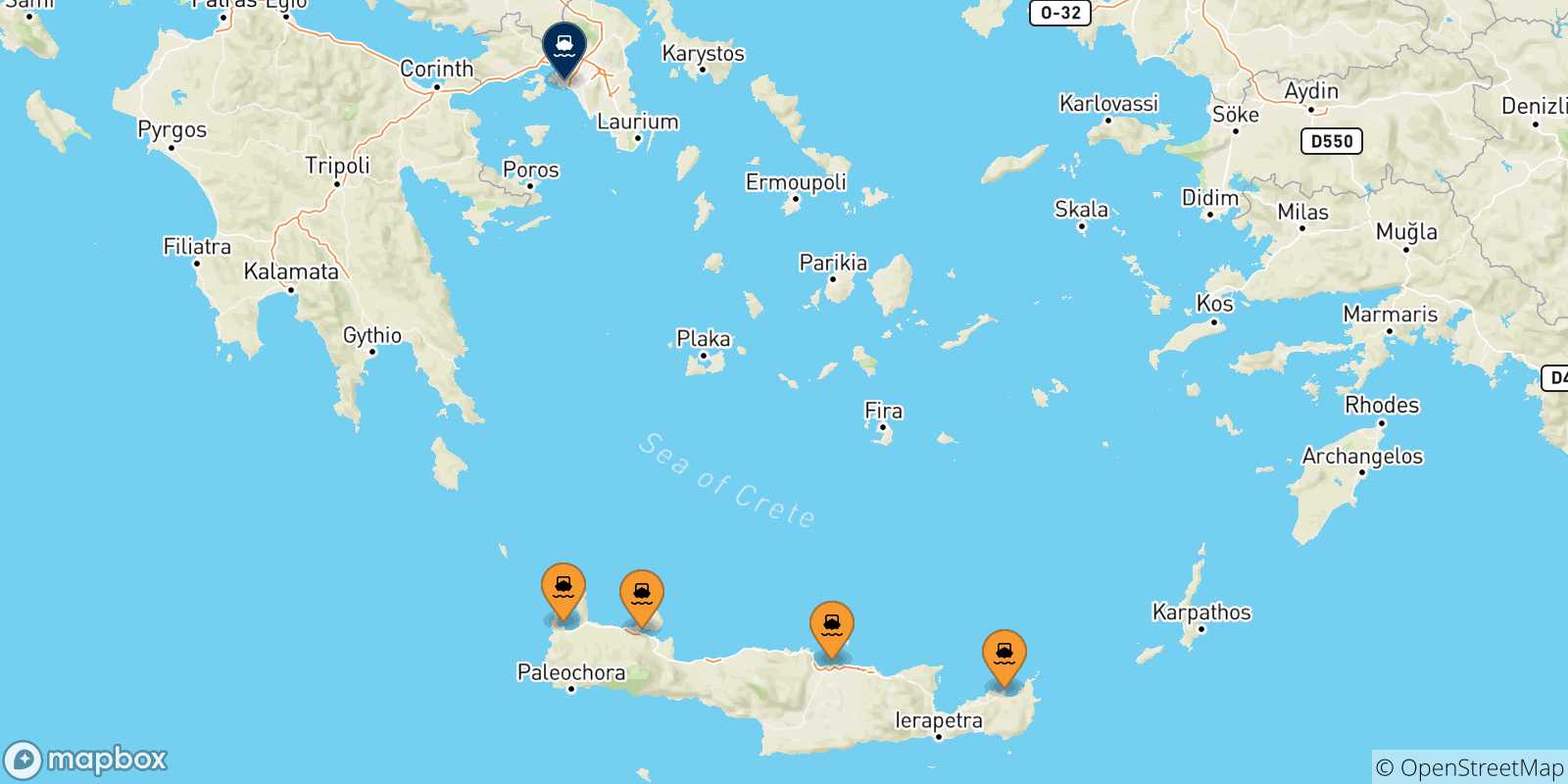 Carte des traversées possibles entre la Crète et Le Piree