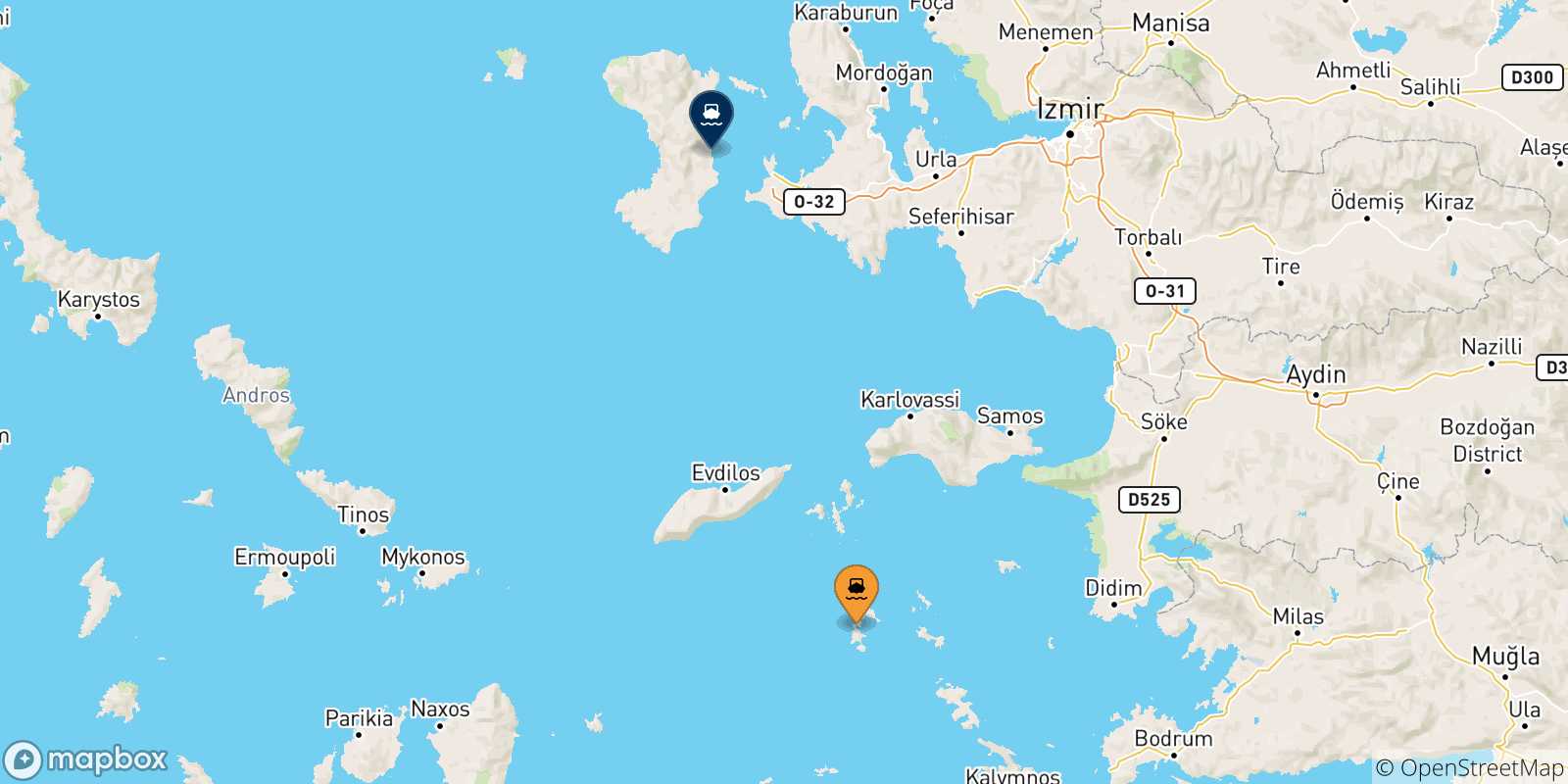 Carte des traversées possibles entre Îles Du Dodécanèse et Chios