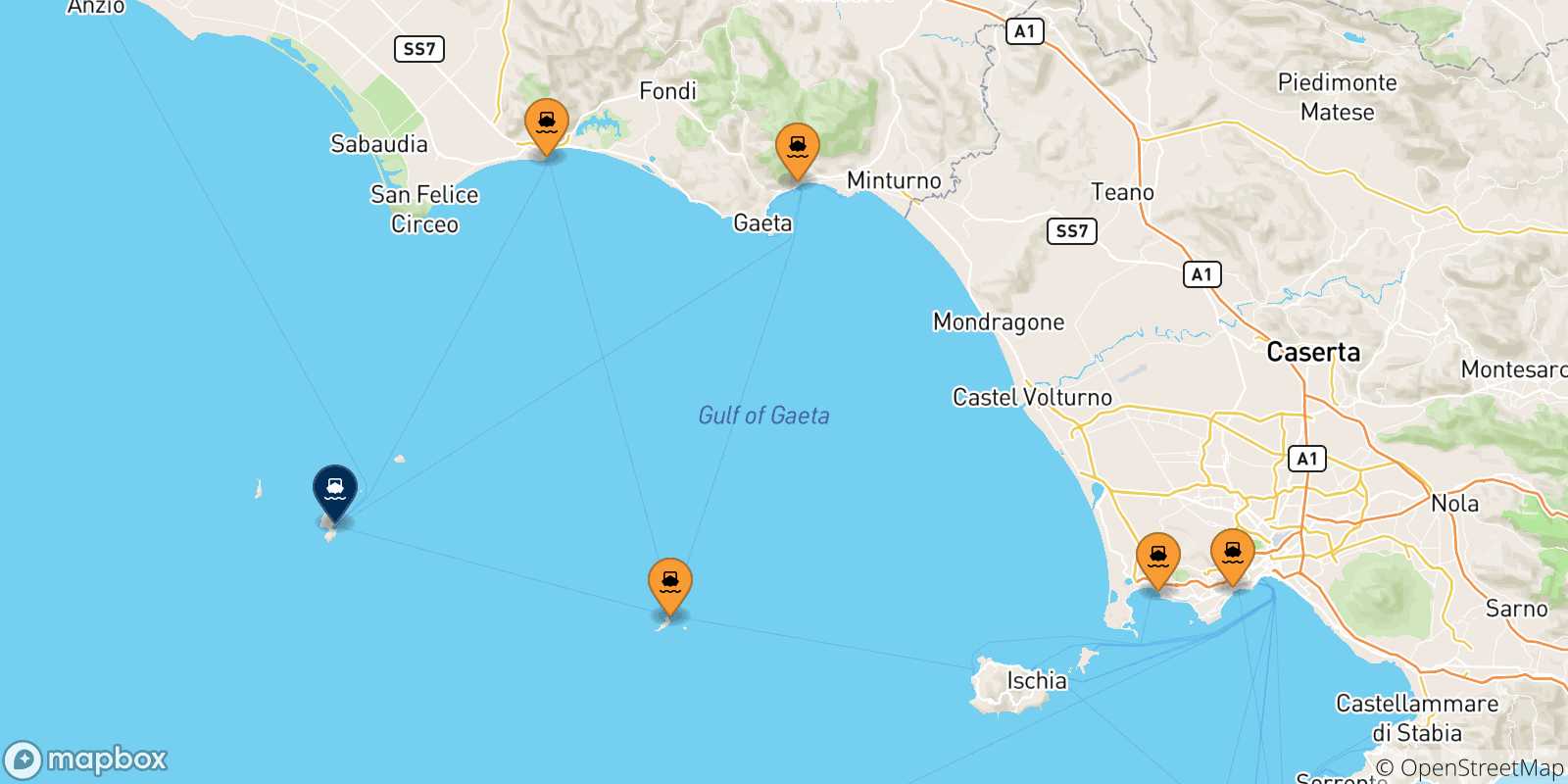 Carte des traversées possibles entre l'Italie et Ponza
