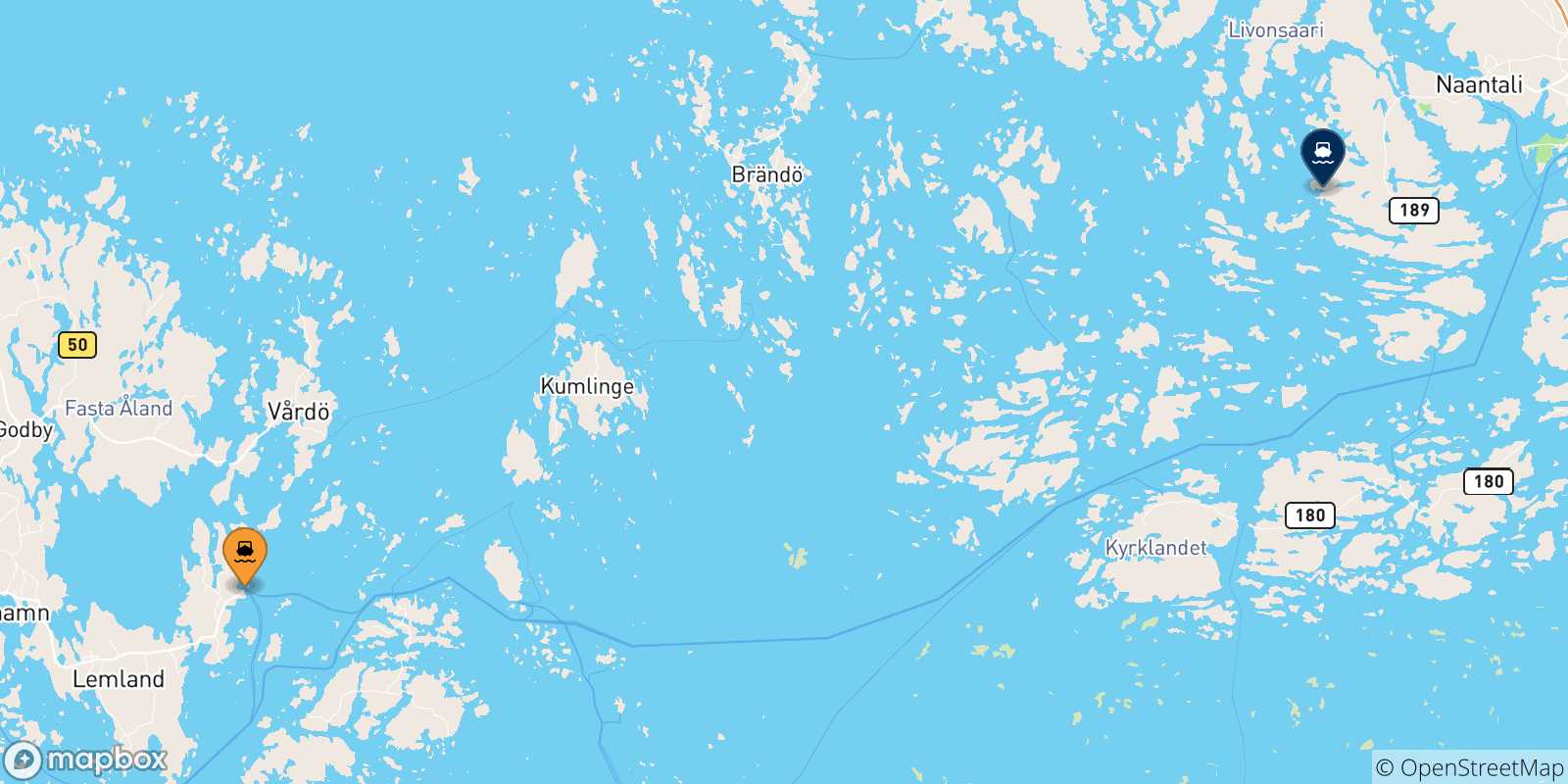 Carte des traversées possibles entre la Finlande et Naantali