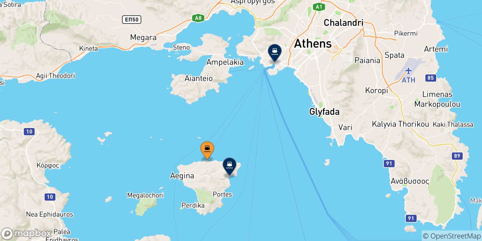 Carte des traversées possibles entre Souvala (Aegina) et la Grèce