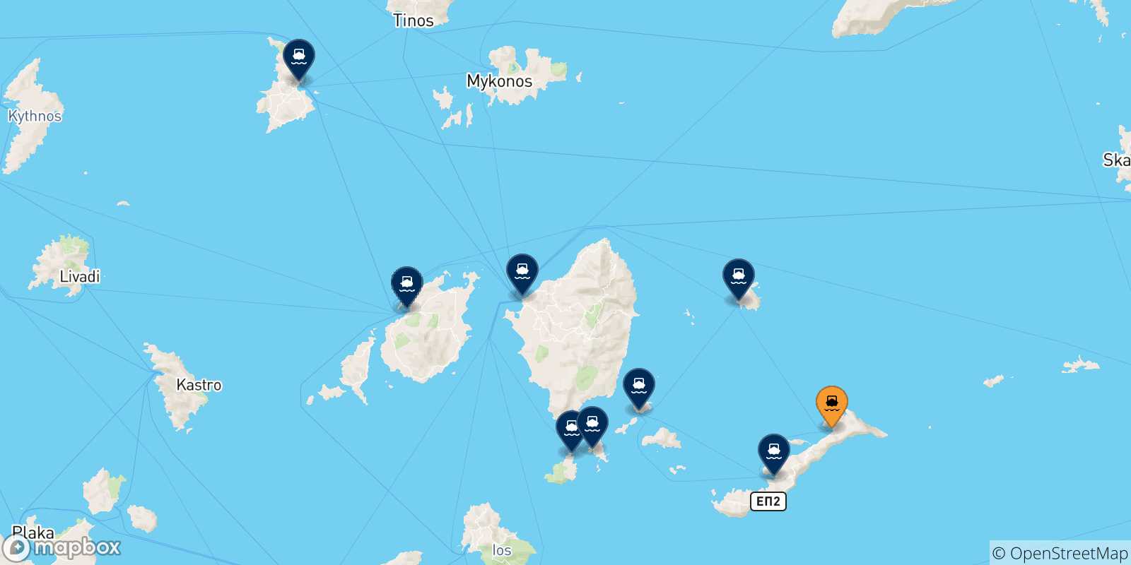 Carte des traversées possibles entre Aegiali (Amorgos) et Îles Des Cyclades