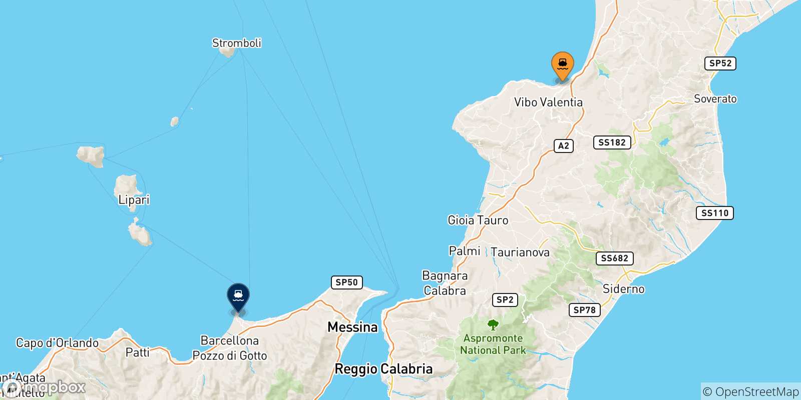 Carte des traversées possibles entre Vibo Valentia et la Sicile