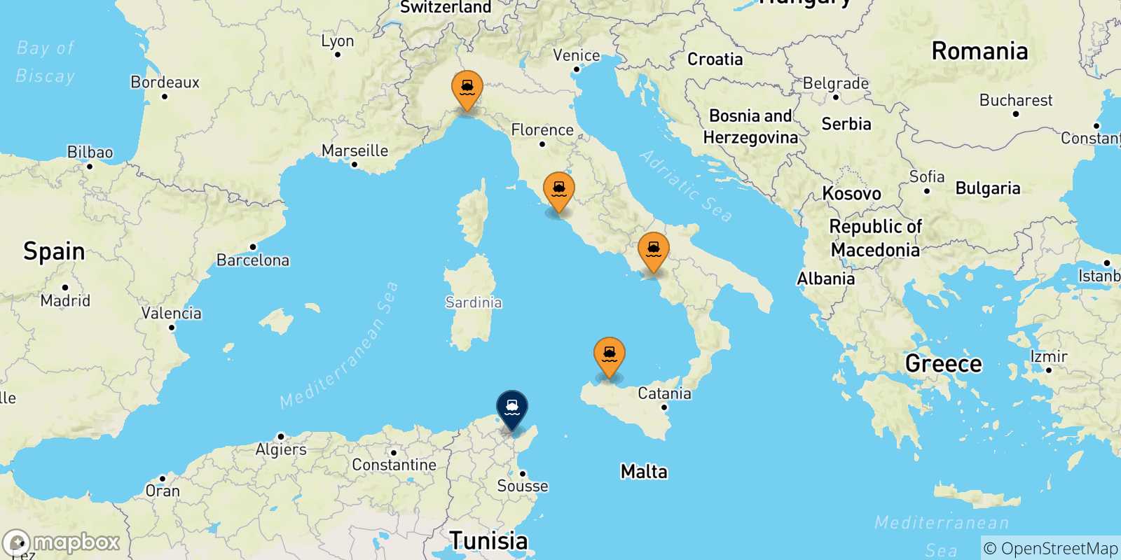 Carte des traversées possibles entre l'Italie et Tunis